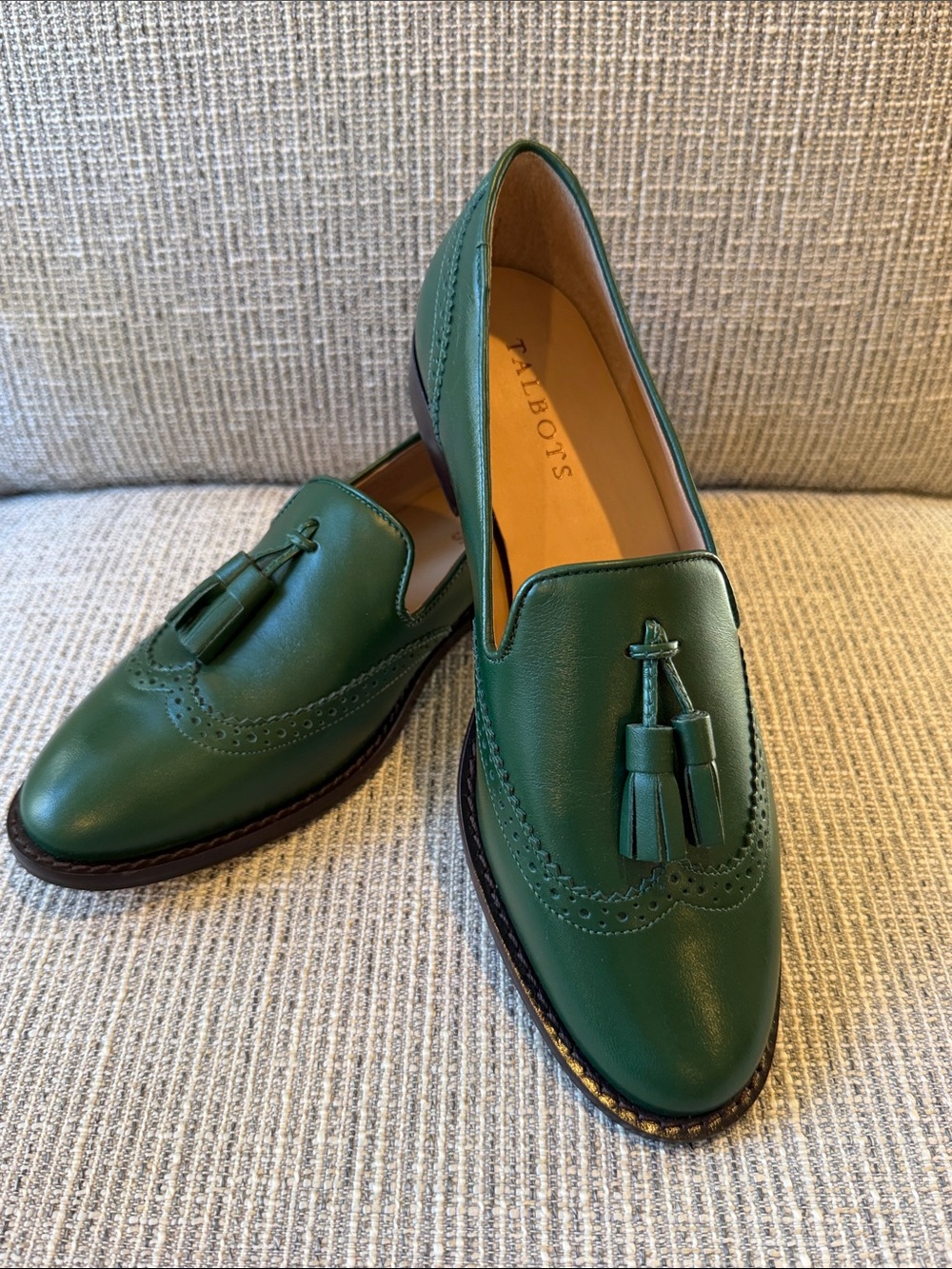 Talbots Leighton Nappa Leather Brogue Tassel Loafers. Green. 7.5M
